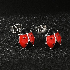 女性のための真鍮エナメル スタッド イヤリング  てんとう虫  プラチナ  10x9.5mm&nbsp;EJEW-A126-04P