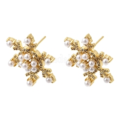 Серьги-гвоздики из латуни со снежинками и прозрачным кубическим цирконием&nbsp;EJEW-H180-27G