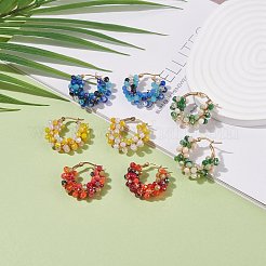 Плетеные серьги-кольца со стеклянными бусинами EJEW-JE04896