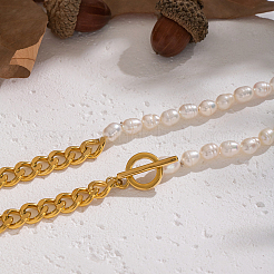 Цепочка из кубинских звеньев из нержавеющей стали 304 с натуральным пресноводным жемчугом и бусинами из риса SU5671