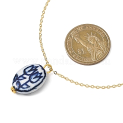 Ожерелья-цепочки из латуни с белыми и синими цветами в виде овального кулона из фарфора для женщин&nbsp;NJEW-JN05675