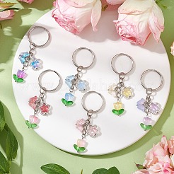 ガラスの蝶の花のキーホルダー6個  鉄のスプリットキーリング付き  ミックスカラー  71mm  6個/セット&nbsp;KEYC-JKC01111