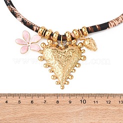 Женские ожерелья из полиэстерового шнура с леопардовым принтом и подвеской в виде розового цветка в форме сердца из нержавеющей стали 304 NJEW-F352-04G