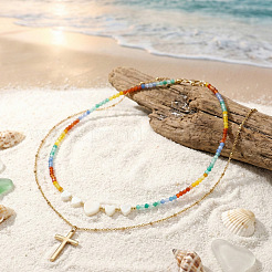 Sommerstrand-Regenbogen-Halskette aus Naturstein und herzförmigen Muschelperlen&nbsp;GB7102-1