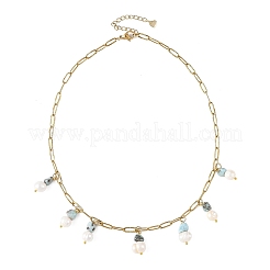 Collares de cadena tipo clip de acero inoxidable 304 con fragmentos de larimar natural y borla de perlas para mujer.&nbsp;NJEW-JN06528-02