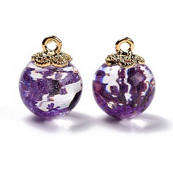 ガラスドライフラワービッグサイズペンダント  合金パーツ  ラウンド  ライトゴールド  ライトスチールブルー  21x16mm  穴：2mm&nbsp;GLAA-P050-01KCG-09
