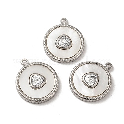 304 Stainless Steel Pave Crystal Rhinestone Pendants with Shell, Flat Round with Triangle Charms, Stainless Steel Color, 18.5x15.5x3mm, Hole: 1.6mm