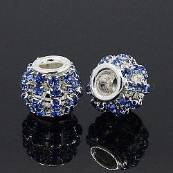 Perles européennes en laiton avec strass, Perles avec un grand trou   , rondelle, couleur argentée, saphir clair, 12x10mm, Trou: 4mm
