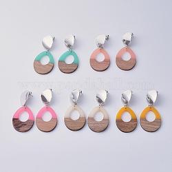 Resin & Wood Dangle Earrings, with Platinum Brass Stud Earrings Findings and 304 Stainless Steel Findings, teardrop, Mixed Color, 62.5~63mm, Pendant: 37.5x28.5x3.5mm, Pin: 0.8mm