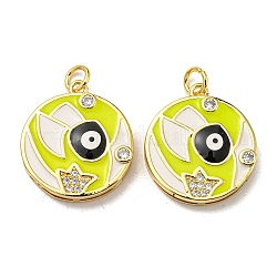Real 18K Gold Plated Brass Pendants, with Cubic Zirconia and Enamel, Flat Round with Evil Eye Charms, Green Yellow, 21x18.5x4mm, Hole: 3.5mm