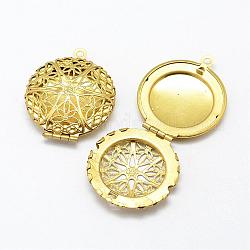 Brass Locket Pendants, Flat Round, Nickel Free, Raw(Unplated), 32x27x7mm, Hole: 2mm