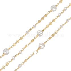 Handmade CCB Plastic Imitation Pearl Beaded Chains, with Brass and Spool, Unwelded, Long-Lasting Plated, Round & Flat Round, Golden, 8x3.5mm, 4mm, Flat Round: 4x0.5mm, 32.8 Feet(10m)/roll