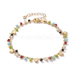 Bracelets de cheville de charme, avec perles de verre rondelles à facettes, perles coeur en laiton et 304 fermoir pince de homard en acier inoxydable, colorées, or, 9-1/8 pouce (23.2 cm)
