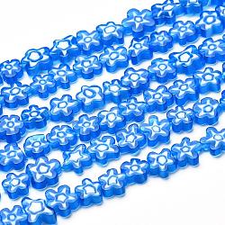 Hilos de abalorios de vidrio millefiori artesanal, flor, azul dodger, 6.4~9x3.2mm, agujero: 1 mm, aproximamente 56 pcs / cadena, 15.75'' (40 cm)