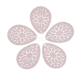 430 Stainless Steel Filigree Pendants, Spray Painted, Etched Metal Embellishments, Teardrop, Pink, 39x28x0.5mm, Hole: 1.5mm