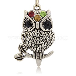 Antique Silver Alloy Rhinestone Owl Pendants for Halloween Jewelry, Colorful, 42x22x5mm, Hole: 3mm