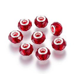 Perle di vetro europei a mano, perline con foro grande, nucleo in ottone colore argento , rosso scuro, 14x8mm, Foro: 5 mm