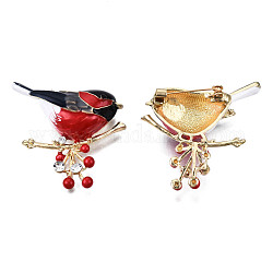 Bird with Branch Enamel Pin with Crystal Rhinestone, Light Gold Plated Alloy Badge for Backpack Clothes, Nickel Free & Lead Free, Red, 37x44mm, Pin: 0.7mm