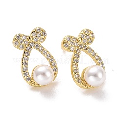 Boucles d'oreilles avec nœud papillon en zircone cubique transparent et perles en plastique, bijoux en laiton pour femmes, sans cadmium et sans plomb, or clair, 16x10x7mm, pin: 0.9 mm
