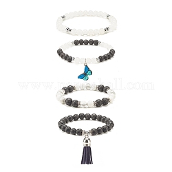 4Pcs 4 Style Natural & Synthetic Mixed Gemstone Beaded Stretch Bracelets Set, Alloy Butterfly & Tassel Charm Bracelets for Women, Inner Diameter: 2-1/4 inch(5.8cm), 1Pc/style