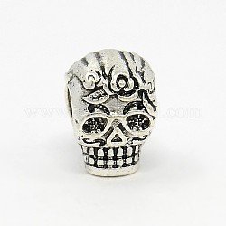 Tibetan Style Alloy Sugar Skull Beads, For Mexico Holiday Day of the Dead, Antique Silver, 12x9x9mm, Hole: 5mm