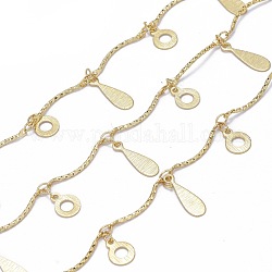 Handmade Brass Curved Bar Link Chains, with Ring & Teardrop Charms and Spool, Soldered, Long-Lasting Plated, Real 18K Gold Plated, 18x2x1mm, about 32.8 Feet(10m)/roll
