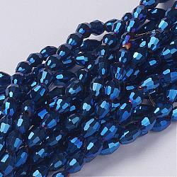Chapelets de perles en verre électroplaqué, de couleur plaquée ab , ovale à facettes, bleu, 6x4mm, Trou: 1mm, Environ 67~68 pcs/chapelet