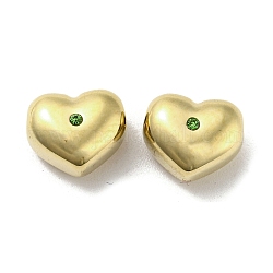 Perles en 304 acier inoxydable, avec péridot strass, cœur, véritable 14k plaqué or, 8.5x10x6mm, Trou: 1.5mm