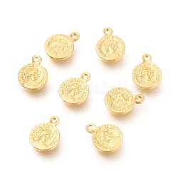 Brass Pendants, Flat Round with Word and Woman, Real 18K Gold Plated, 8x6x1mm, Hole: 0.8mm