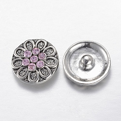 Boutons pression en alliage avec strass, boutons de bijoux, plat et circulaire avec fleur, argent antique, rose clair, 20x8mm