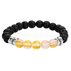 Elastisches Armband mit runden Perlen aus synthetischem Mondstein und natürlichem Lavagestein, Edelsteinschmuck aus ätherischen Ölen für Frauen, Gelb, Innendurchmesser: 2-1/8 Zoll (5.5 cm)