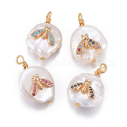 Natural Cultured Freshwater Pearl Pendants, with Brass Micro Pave Cubic Zirconia Findings, Nuggets with Insect, Golden, Mixed Color, 17~26x11~16x5~11mm, Hole: 1.6~2mm