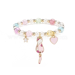 Bracelet à breloques en alliage d'émail coloré, Perle en plastique et acrylique et bracelet en perles rondes en hématite synthétique pour femme, motif de chat, pendentif: 8~35x6.5~10x1~2 mm, diamètre intérieur: 2-1/8 pouce (5.5 cm)