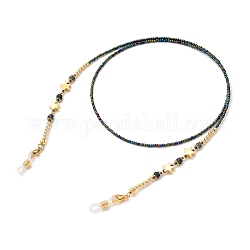 Brillenketten, Halsband für Brillen, mit natürlichen Jade-Perlen aus Malaysia, Runde Saatperlen, Messing Perlen, 304 Hummerkrallenverschlüsse aus Edelstahl und Brillenhalter aus Gummi, blaugrün, golden, 700 mm