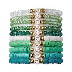 Set di 10 disco di argilla polimerica e braccialetti elasticizzati con perline di vetro e ottone, braccialetti impilabili a forma di cuore, verde mare medio, diametro interno: 2-1/8 pollice (5.4 cm)