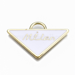 Alloy Enamel Pendants, Triangle with Word Milan, Cadmium Free & Lead Free, Light Gold, White, 23.5x36x2mm, Hole: 3.5x6mm