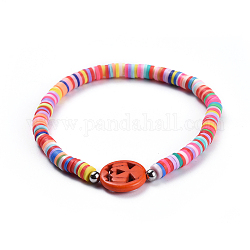 Bracelets tressés faits à la main en pâte polymère, avec des perles synthétiques turquoise(teintes), Entretoises de perles en laiton et fil de nylon, Halloween, citrouille, colorées, 2-1/8 pouce (5.5 cm)