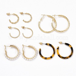 Set di orecchini a bottone a forma di anello, orecchini a mezzo cerchio di perle imitazione perle, orecchini a cerchio aperto per le donne, oro, 19~35x1.5~5mm, ago :0.8mm, 5 coppie / set