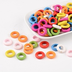 Mixed Color Donut Natural Wood Beads, Dyed, Lead Free, about 15mm in diameter, 4mm thick, hole: 8mm