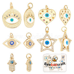 Beebeecraft, 10 unids/caja, 5 estilos de amuletos contra el mal de ojo, circonita cúbica de latón, estrella de mano de hamsa con colgantes de ojo de esmalte azul, accesorios para hacer joyas para collar de pulsera diy