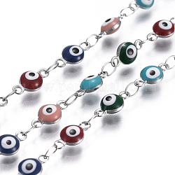 304 Stainless Steel Link Chains, with Enamel, Soldered, Flat Round with Evil Eye, Stainless Steel Color, Mixed Color, 9x4.5x2.5~3mm