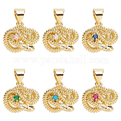 Nbeads 6Pcs 6 Colors Brass Micro Pave Cubic Zirconia Charms, Cadmium Free & Nickel Free & Lead Free, Real 16K Gold Plated, Snake, Mixed Color, 13.5x14x6mm, Hole: 3x5mm, 1pc/color