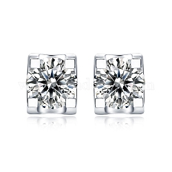 Rhodium Plated 925 Sterling Silver Micro Pave Cubic Zirconia Ear Studs for Women, Rectangle, Real Platinum Plated, 7.5x5mm