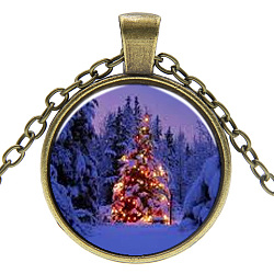 Weihnachtsthema Glas Anhänger Halsketten, mit Legierung-Zubehör, Flache Runde mit Weihnachtsbaum, Antik Bronze, 17.7 Zoll (45 cm), Anhänger: 27 mm