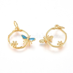 Brass Charms, with Enamel and Jump Rings, Ring with Butterfly & Flower, Sky Blue, Golden, 11.5x14x3mm, Hole: 3.2mm