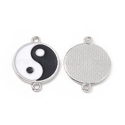 Breloques de connecteur en alliage, avec l'émail, maillons ronds plats avec motif yin yang, noir et blanc, platine, 24x18x1.5mm, Trou: 1.8mm