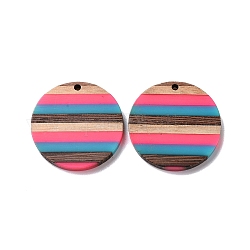 Opaque Resin & Walnut Wood Pendants, Flat Round Charm, Colorful, 30x3.5mm, Hole: 2mm