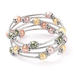 Five Loops Fashion Wrap Bracelets, with Shell Pearl Beads, 304 Stainless Steel Beads and Steel Memory Wire, Colorful, Inner Diameter: 2-1/4 inch(5.7cm)