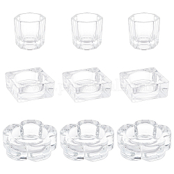 Superfindings 9 pièces 3 style verre dappen plat/couvercle bol tasse cristal plat, porte-liquide mini bol, conteneur d'accessoires de manucure nail art, fleur & carré & octogone, clair, 3.2~6.25x3.2~6.3x2.05~3.25 cm, 3 pièces / style