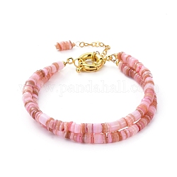 Dyed Natural Shell Multi-strand Bracelets, with Brass Cable Chains and Spring Ring Clasps, Golden, Pink, 8-1/4 inch(21cm)